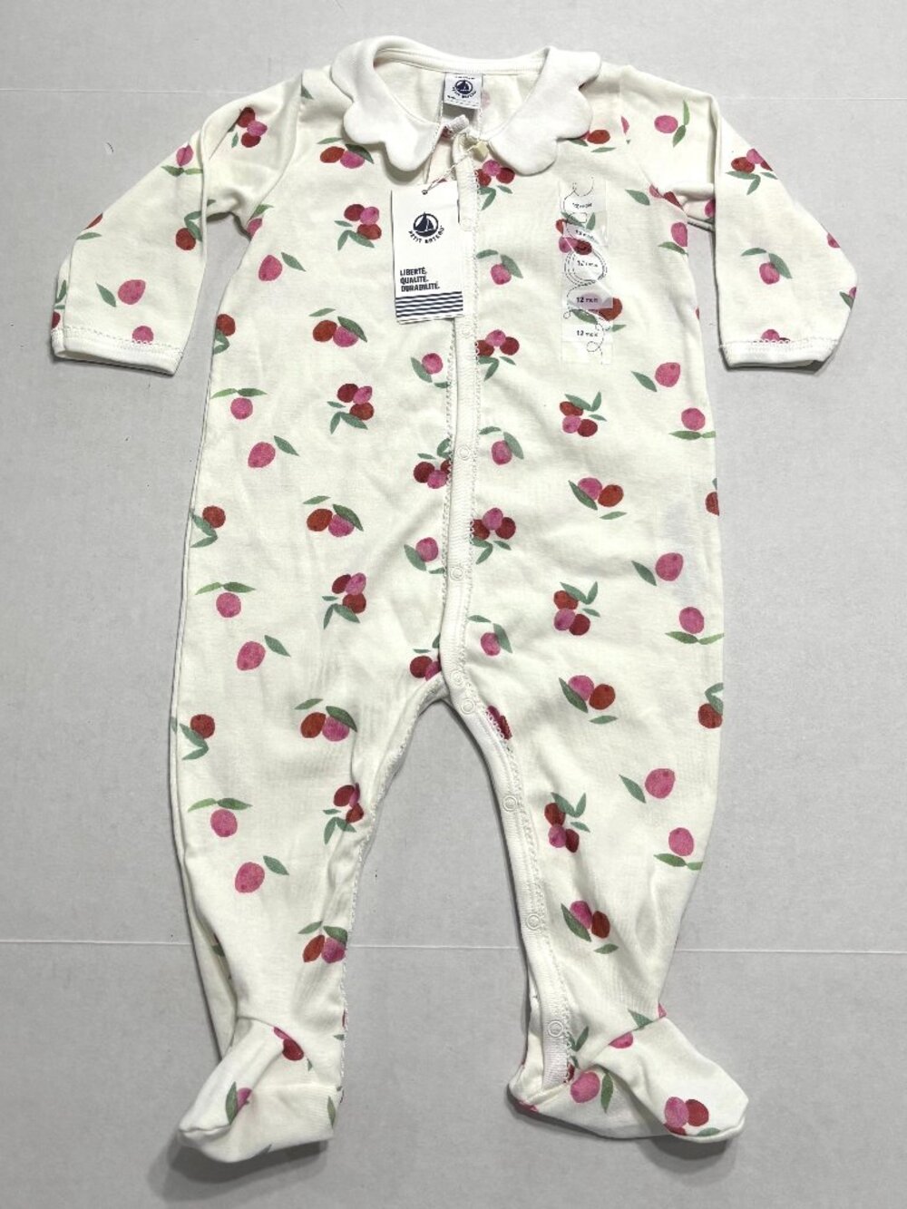 NWT Petit Bateau Front Snap Baby Girls Cherry Footie w/Collar Size 12 Month